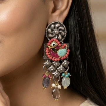 Gharana Myna Silver Danglers